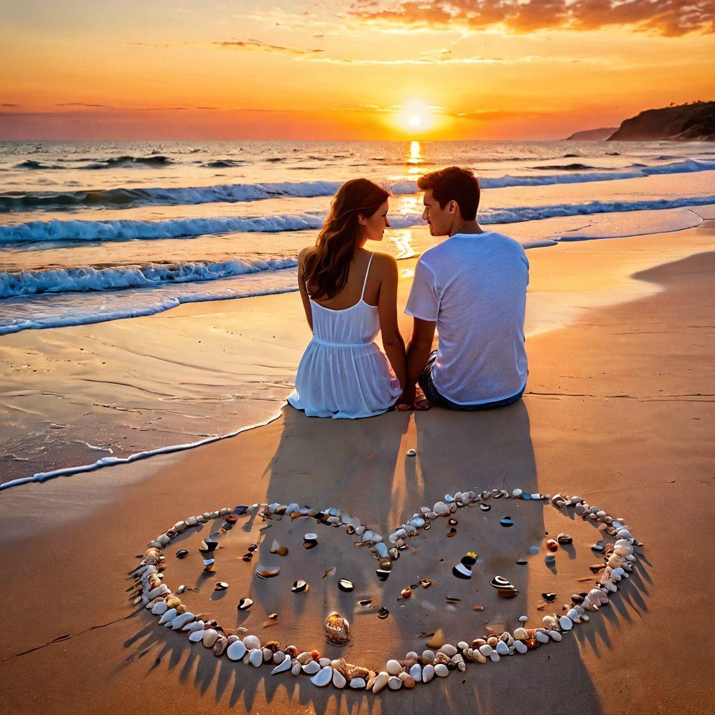 A young couple sitting on a sandy beach at sunset, gazing into each other's eyes, with gentle waves crashing beside them. Surrounding them are colorful seashells and small footprints in the sand, representing the journey of teenage love. Soft, warm lighting enhances the affectionate atmosphere, evoking a sense of adventure and discovery. super-realistic. vibrant colors. warm tones.