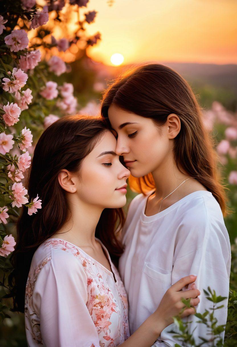 A tender moment between two adolescents sharing a heartfelt gaze, surrounded by blossoming flowers symbolizing growth and innocence. The background features a sunset that casts warm, soft hues, creating an intimate atmosphere. Include subtle elements representing exploration, like a compass and map laid beside them. Capture the essence of young love and intimacy. soft-focus, warm colors, romantic ambiance.