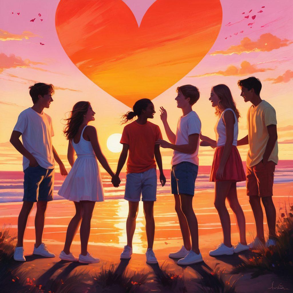 A vivid illustration of a diverse group of teenagers engaged in playful flirtation under a setting sun, showcasing a spectrum of emotions like excitement and curiosity. Include subtle elements like heart shapes and soft glows around their interactions to represent the themes of passion and awakening. The background should have a dreamy quality with warm colors reflecting a sense of youthful innocence and discovery. vibrant colors. painting.